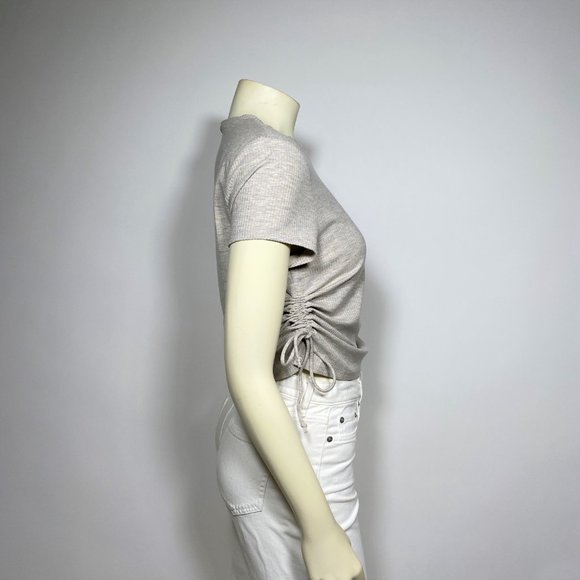 REFORMATION Oatmeal Ribbed w/Side Ruched Tee - Picture 2 of 7